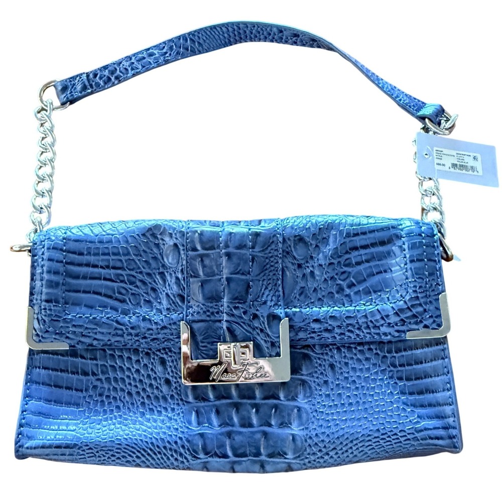 Marc Fisher Dress for Success Clutch Bag Croc Embossed Blue Silver Hardware Bag